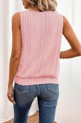 Kadın Sıfır Kollu Düğmeli Damla Yaka Detaylı Triko Bluz