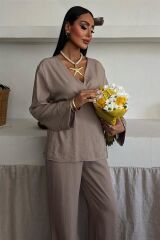 Kruvaze Model Klasik Pantolonlu Çupra Keten Takım 10191