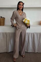 Kruvaze Model Klasik Pantolonlu Çupra Keten Takım 10191