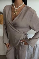 Kruvaze Model Klasik Pantolonlu Çupra Keten Takım 10191