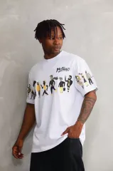 Unisex Bisiklet Yaka Baskılı Oversize T-Shirt - Beyaz