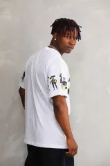 Unisex Bisiklet Yaka Baskılı Oversize T-Shirt - Beyaz