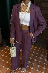 İnci Detaylı Ceket Pantolon Keten Takım 10124