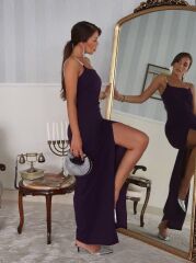 Kadın Omuz Askılı Derin Yırtmaç Detay Maxi Boy Elbise