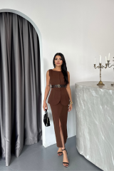 CEKET-ETEK GÖRÜNÜMLÜ ELBİSEÇİFT KEMER DETAYLI - Kahverengi