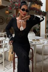 Püskül Bağcık Detaylı V Yaka Ajurlu Elbise 2850