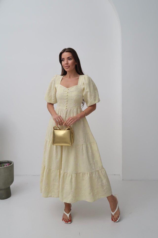 Sarı Süs Düğmeli Balon Kollu Elbise