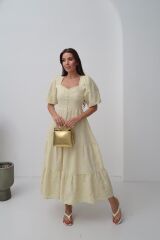 Sarı Süs Düğmeli Balon Kollu Elbise