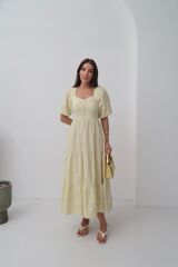 Sarı Süs Düğmeli Balon Kollu Elbise