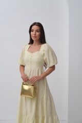 Sarı Süs Düğmeli Balon Kollu Elbise