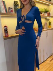 Kadın Uzun Kollu Göğüs Ve Göbek Dekolte Detay Sandy Midi Boy Elbise