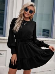 Kadın Uzun Kollu Bisiklet Yaka Beli Lastikli Fırfırlı Ithal Krep Elbise