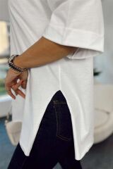 4123 Yırtmaçlı Oversize Tişört - Beyaz