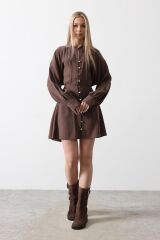 Gold Rengi Düğme Detaylı Elbise - Kahve