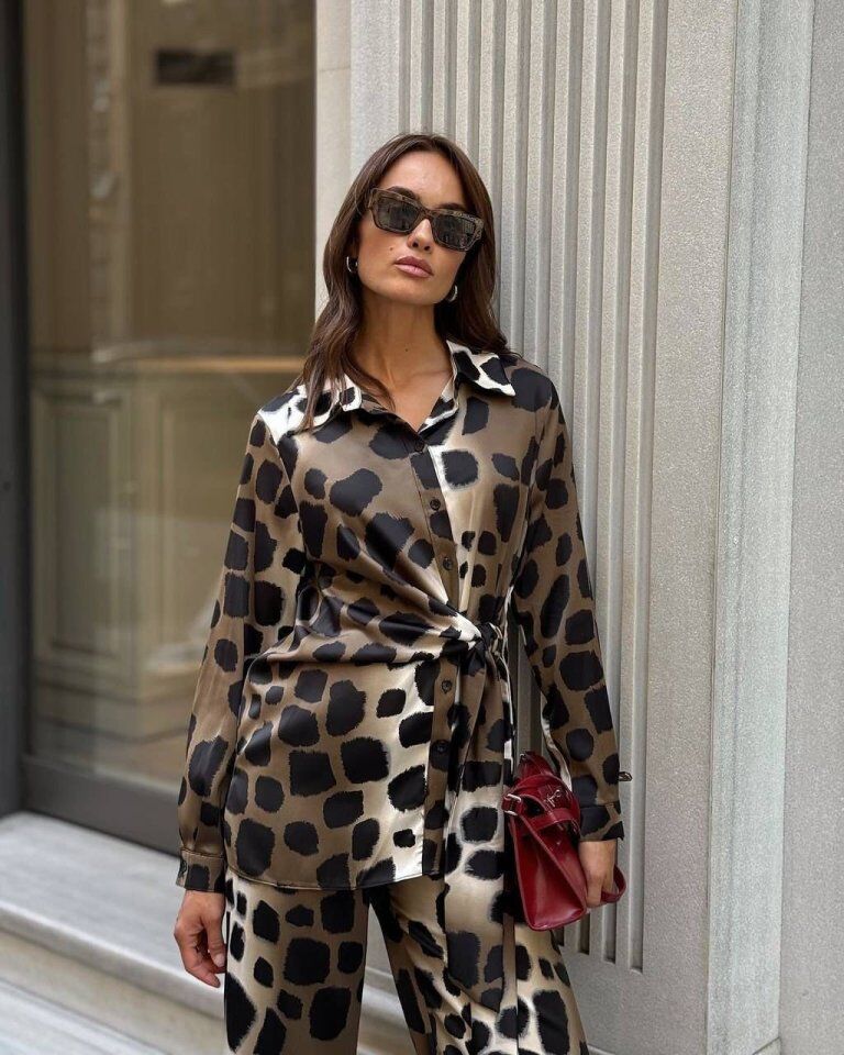 Kadın Uzun Kolluleopar Baskılı Saten Kumaş Ikili Takım