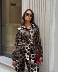 Kadın Uzun Kolluleopar Baskılı Saten Kumaş Ikili Takım