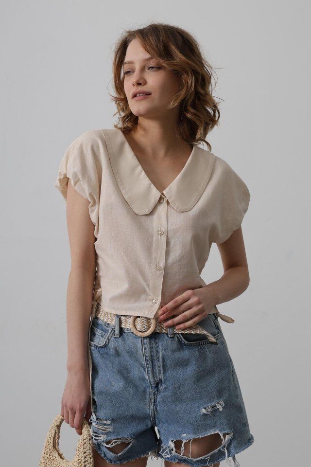 Bebe Yaka Yanları Bağlamalı Bluz - Taş