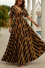 Kadın Kısa Kollu V Yakalı Desenli Süprem Elbise