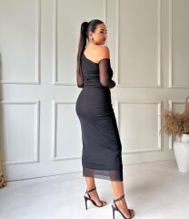 Kadın Uzun Kollu Omuz Dekolteli Içi Astarli Midi Boy Tül Elbise