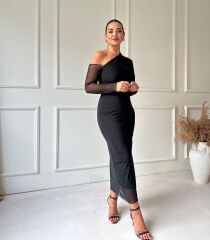 Kadın Uzun Kollu Omuz Dekolteli Içi Astarli Midi Boy Tül Elbise