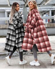 Kadın Kırmızı Uzun Ekose Detay Fırsat ürün Ekose Ceket