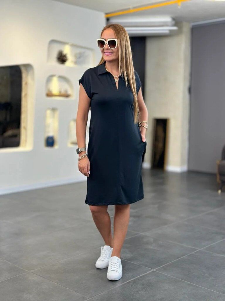 Kadın Kısa Kollu Yakalı Viskon Iki Iplik Elbise