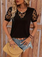 Kadın Kısa Kollu Göğüs Damla Ve Puantiyeli Tül Detaylı Viskon Bluz