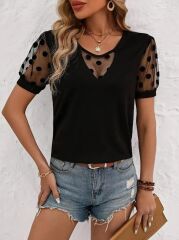 Kadın Kısa Kollu Göğüs Damla Ve Puantiyeli Tül Detaylı Viskon Bluz