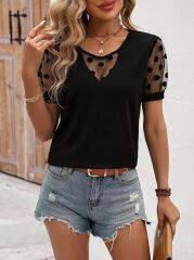 Kadın Kısa Kollu Göğüs Damla Ve Puantiyeli Tül Detaylı Viskon Bluz