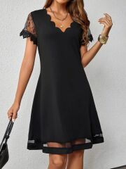 Kadın Kısa Kollu Lazer V Yakalı Etek Ucu Tül Detaylı Janjan Krep Elbise