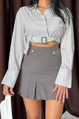 Füme Düğme Detaylı Pileli Etek