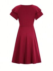Kadın Kısa Fırfır Kollu Kruvaze Yakalı Kiloş Janjan Krep Elbise
