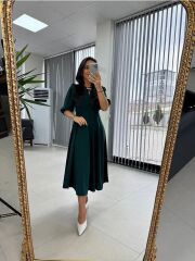 Kadın Kısa Kollu Bisiklet Yaka Fiyonk Broşlu Midi Janjan Krep Elbise