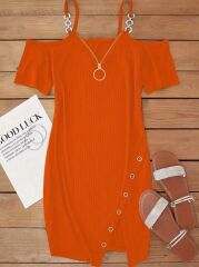 Kadın Askılı önü Fermuarlı Asimetrik Kesim Detaylı Kalın Fitilli Kaşkorse Elbise