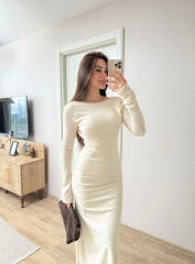 Sırt Dekolteli Uzun Kollu Elbise - Kırık Beyaz