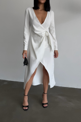 KRUVAZE BROŞ DETAYLI ELBİSE - Beyaz