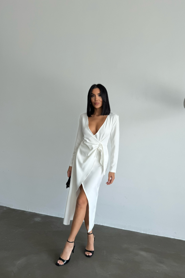 KRUVAZE BROŞ DETAYLI ELBİSE - Beyaz