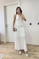 Sırt Dekolteli Uzun Kollu Elbise - Beyaz