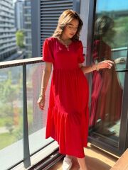 Kadın Kısa Kollu Yakası Açık Katlı Bürümcük Balon Elbise