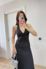 Sırt Dekolteli Uzun Kollu Elbise - Siyah