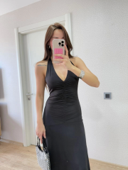 Sırt Dekolteli Uzun Kollu Elbise - Siyah