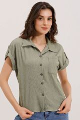 20187 Kısa Kol Oversize Örme Gömlek - Çağla