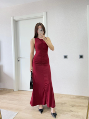 Kolsuz Büzgülü Uzun Elbise - Kırmızı