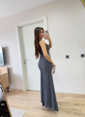 Kolsuz Büzgülü Uzun Elbise - Füme