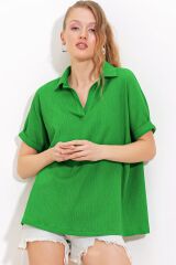 Yeşil Oversize Polo Yaka Örme Bluz 0486