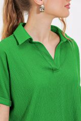 Yeşil Oversize Polo Yaka Örme Bluz 0486