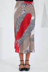 Kırmızı Siyah Desenli Saten Etek 15806