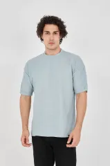 Unisex Waffle Kumaş Rahat Kol T-Shirt - Buz Mavisi