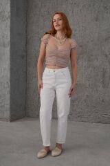 Puantiyeli Belden Oturtmalı Tül Krem Bluz