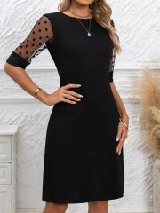 Kadın Puantiyeli Tül Kollu Bisiklet Yaka Janjan Krep Elbise